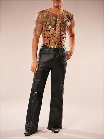 SweatyRocks Men's Sparkly Sequin Rave Party Tops Sexy Sheer Hollow Out Mesh Sleeveless Shirts in Kuwait