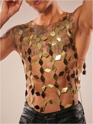 SweatyRocks Men's Sparkly Sequin Rave Party Tops Sexy Sheer Hollow Out Mesh Sleeveless Shirts in Kuwait