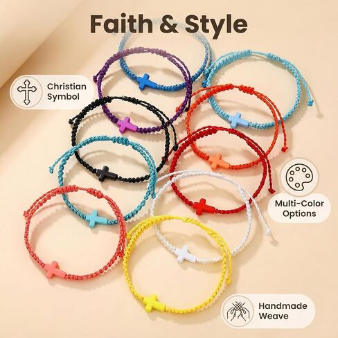 10Pcs Braided Cross Bracelets for Men Women Kids, Adjustable Turquoise Cross Wristbands, Christian Religious Jesus Bracelets, Easter Baptism Church Gifts for Youth Group in Saudi Arabia