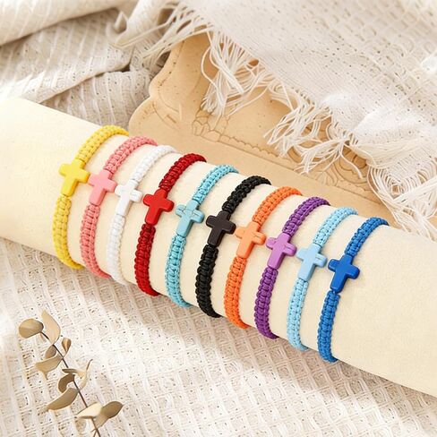 10Pcs Braided Cross Bracelets for Men Women Kids, Adjustable Turquoise Cross Wristbands, Christian Religious Jesus Bracelets, Easter Baptism Church Gifts for Youth Group in Saudi Arabia