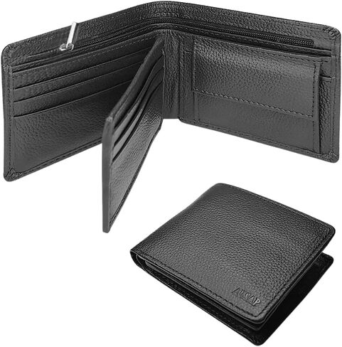 Premium Leather Mens Wallets ‒ RFID Blocking Wallet with Coin Pocket & Zip ‒ Bifold Wallets for Men with 12 Card Slots & 2 Bank Note Compartments ‒ Wallet with Gift Box (Black) in Saudi Arabia