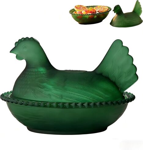 Hen on Nest Glass Candy Dish, Glass Chicken Dish with Lid, Vintage kitchen Chicken Decor, Candy Jar for Snacks, Dessert Storage (Green) in Saudi Arabia