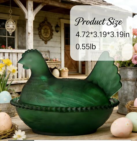 Hen on Nest Glass Candy Dish, Glass Chicken Dish with Lid, Vintage kitchen Chicken Decor, Candy Jar for Snacks, Dessert Storage (Green) in Saudi Arabia