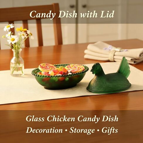 Hen on Nest Glass Candy Dish, Glass Chicken Dish with Lid, Vintage kitchen Chicken Decor, Candy Jar for Snacks, Dessert Storage (Green) in Saudi Arabia