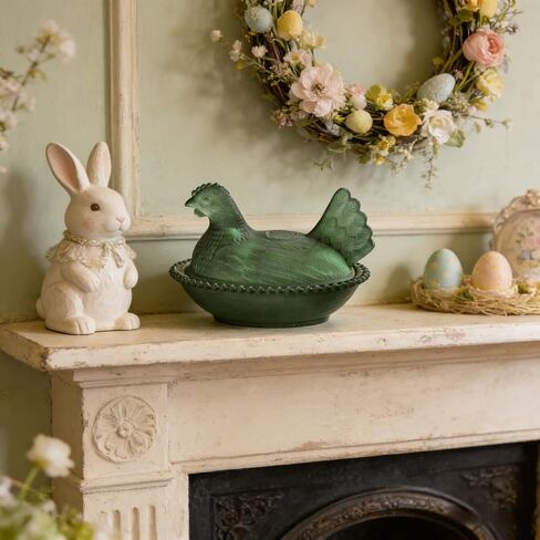 Hen on Nest Glass Candy Dish, Glass Chicken Dish with Lid, Vintage kitchen Chicken Decor, Candy Jar for Snacks, Dessert Storage (Green) in Saudi Arabia