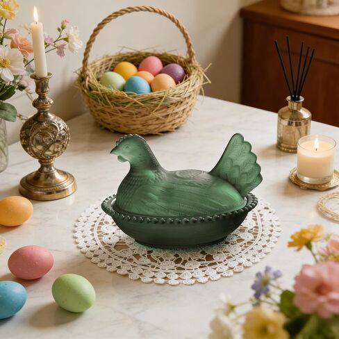 Hen on Nest Glass Candy Dish, Glass Chicken Dish with Lid, Vintage kitchen Chicken Decor, Candy Jar for Snacks, Dessert Storage (Green) in Saudi Arabia