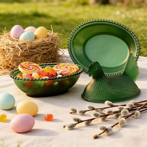 Hen on Nest Glass Candy Dish, Glass Chicken Dish with Lid, Vintage kitchen Chicken Decor, Candy Jar for Snacks, Dessert Storage (Green) in Saudi Arabia