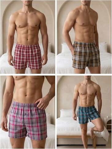 4/6 Pack Men's Cotton Woven Plaid Boxer Shorts, Random Mixed Colors Only Summer Loose Underwear Beach Shorts in Kuwait