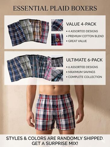 4/6 Pack Men's Cotton Woven Plaid Boxer Shorts, Random Mixed Colors Only Summer Loose Underwear Beach Shorts in Kuwait
