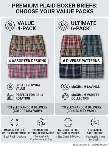 4/6 Pack Men's Cotton Woven Plaid Boxer Shorts, Random Mixed Colors Only Summer Loose Underwear Beach Shorts in Kuwait