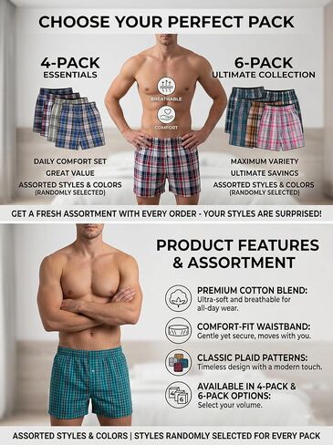 4/6 Pack Men's Cotton Woven Plaid Boxer Shorts, Random Mixed Colors Only Summer Loose Underwear Beach Shorts in Kuwait