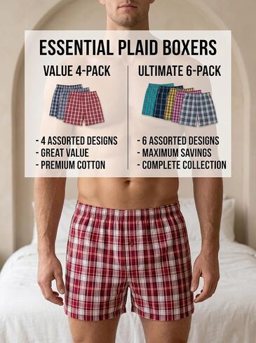4/6 Pack Men's Cotton Woven Plaid Boxer Shorts, Random Mixed Colors Only Summer Loose Underwear Beach Shorts in Kuwait
