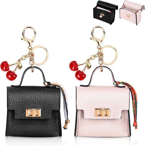 2 Pcak Mini Backpack Keychain Purse for Women, Small Tiny Bag for Purse with Cherry Keychain, Micro Cute Coin Pouch, Bag Charms for Party/Birthday Gifts (Black+Pink) in Saudi Arabia