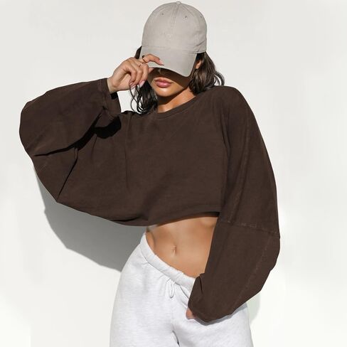 Women’s Short Cropped Loose Long Sleeve Sweatshirt 2026 New Spring/Autumn Casual Sporty Crop Top (Small) Brown in Kuwait