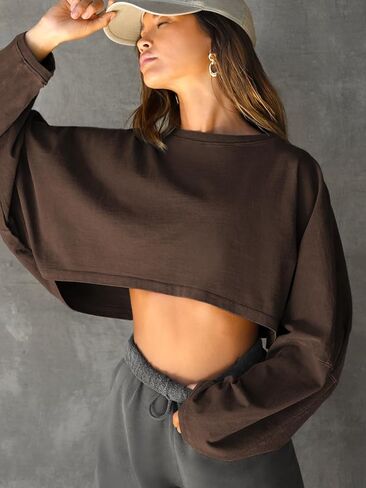 Women’s Short Cropped Loose Long Sleeve Sweatshirt 2026 New Spring/Autumn Casual Sporty Crop Top (Small) Brown in Kuwait