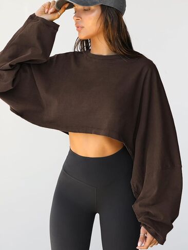 Women’s Short Cropped Loose Long Sleeve Sweatshirt 2026 New Spring/Autumn Casual Sporty Crop Top (Small) Brown in Kuwait
