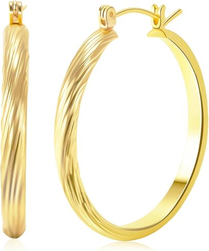 14K Gold Plated Hoop Earrings For Women Trendy 14K Gold Plated Earrings Classic Line Shiny Polished Hypoallergenic Earring for Women 35MM in Saudi Arabia