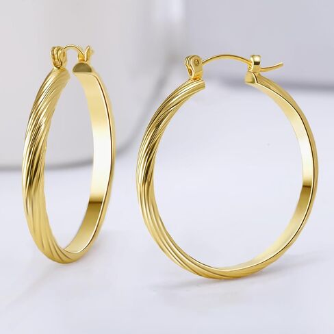 14K Gold Plated Hoop Earrings For Women Trendy 14K Gold Plated Earrings Classic Line Shiny Polished Hypoallergenic Earring for Women 35MM in Saudi Arabia