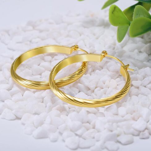 14K Gold Plated Hoop Earrings For Women Trendy 14K Gold Plated Earrings Classic Line Shiny Polished Hypoallergenic Earring for Women 35MM in Saudi Arabia