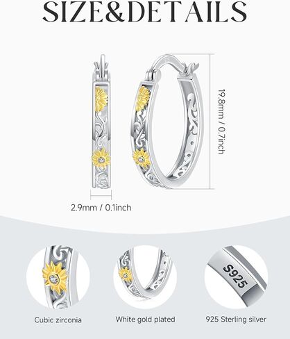 925 Sterling Silver Sunflower Earrings for Women, Hoop Huggie & Heart Dangle Drop Earrings, Gold Plated Hypoallergenic Flower Jewelry with Cubic Zirconia, Gifts for Mom Wife Girlfriend Anniversary Birthday Christmas in Saudi Arabia