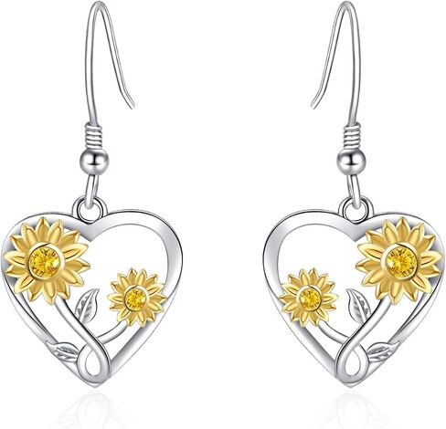 925 Sterling Silver Sunflower Earrings for Women, Hoop Huggie & Heart Dangle Drop Earrings, Gold Plated Hypoallergenic Flower Jewelry with Cubic Zirconia, Gifts for Mom Wife Girlfriend Anniversary Birthday Christmas in Saudi Arabia