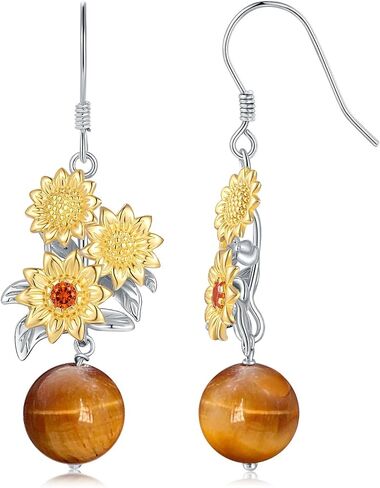 925 Sterling Silver Sunflower Earrings for Women, Hoop Huggie & Heart Dangle Drop Earrings, Gold Plated Hypoallergenic Flower Jewelry with Cubic Zirconia, Gifts for Mom Wife Girlfriend Anniversary Birthday Christmas in Saudi Arabia