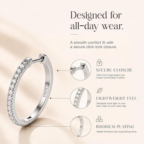 Sterling Silver Hoop Earrings for Women, Small Silver Hoops CZ Cubic Zirconia, 17mm Hypoallergenic Dainty Earrings, Birthday Gift Box in Kuwait