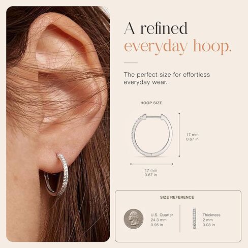 Sterling Silver Hoop Earrings for Women, Small Silver Hoops CZ Cubic Zirconia, 17mm Hypoallergenic Dainty Earrings, Birthday Gift Box in Kuwait