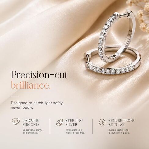 Sterling Silver Hoop Earrings for Women, Small Silver Hoops CZ Cubic Zirconia, 17mm Hypoallergenic Dainty Earrings, Birthday Gift Box in Kuwait
