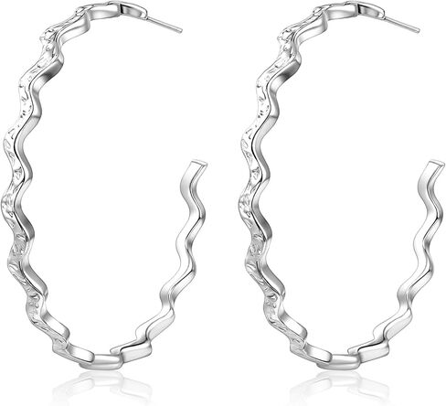 18K White Gold Plated Rippled Hoop Earrings with 925 Sterling Silver Posts, Hypoallergenic for Sensitive Ears, Lightweight and Ideal for Gifting in Saudi Arabia