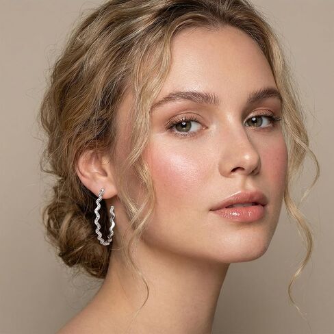 18K White Gold Plated Rippled Hoop Earrings with 925 Sterling Silver Posts, Hypoallergenic for Sensitive Ears, Lightweight and Ideal for Gifting in Saudi Arabia