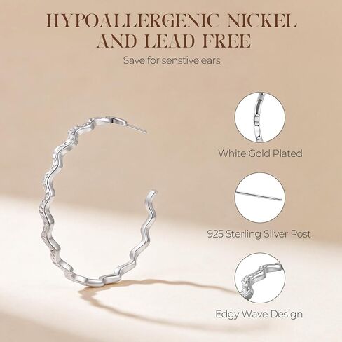 18K White Gold Plated Rippled Hoop Earrings with 925 Sterling Silver Posts, Hypoallergenic for Sensitive Ears, Lightweight and Ideal for Gifting in Saudi Arabia