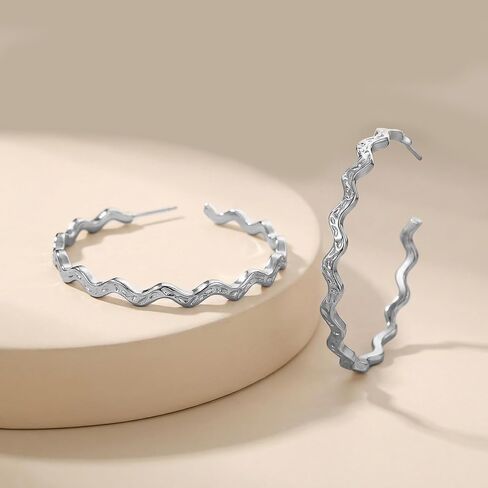 18K White Gold Plated Rippled Hoop Earrings with 925 Sterling Silver Posts, Hypoallergenic for Sensitive Ears, Lightweight and Ideal for Gifting in Saudi Arabia
