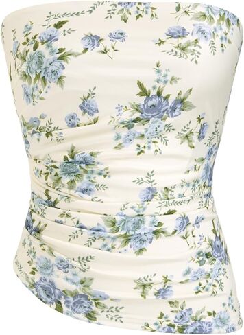CIDER Strapless Tube Tops for Women Floral Going Out Crop Tops Bandeau Ruched Asymmetrical Lightweight Tank Tops in Kuwait