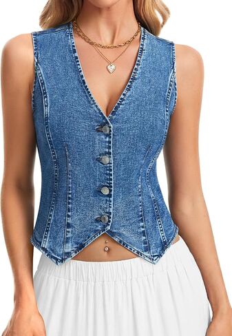 LYHIPSS Denim Vest Women Stretchy Denim Top V Neck Sleeveless Button Down Jean Vest Tops for Women Western Country Outfit in Kuwait