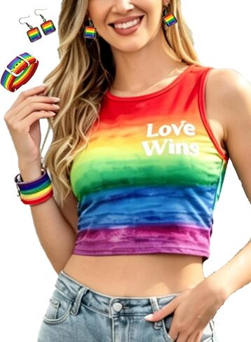 Women Crop Top Tank Tops Sleeveless Printed Shirts with Rainbow Earrings and Bracelet in Saudi Arabia