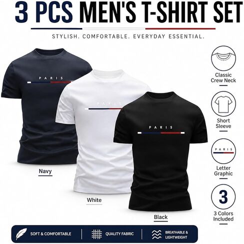 3 PCS Men's T-Shirts Letter Graphic Tee Tops Classic Short Sleeve Crew Neck T-Shirts Summer Casual Tee Tops in Kuwait