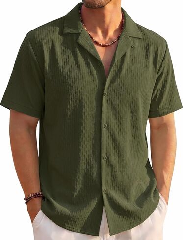 EKLENTSON Mens Button Down Shirt Short Sleeve Textured Cuban Shirts Lightweight Breathable Summer Beach Casual Shirt in Kuwait