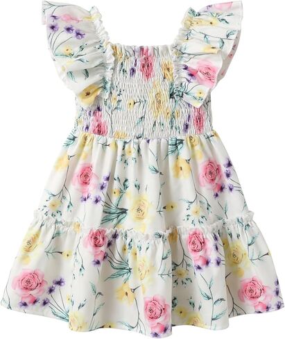 Toddler Girls Summer Dress, Floral Ruffle Sleeve Casual Flowy Sundress for Little Girls, Beach Vacation Party Outfit, 3-7Y in Kuwait