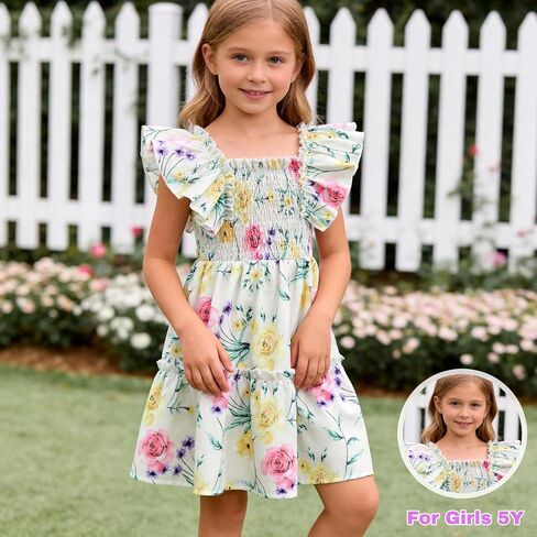 Toddler Girls Summer Dress, Floral Ruffle Sleeve Casual Flowy Sundress for Little Girls, Beach Vacation Party Outfit, 3-7Y in Kuwait