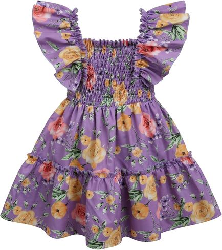 Toddler Girls Summer Dress, Floral Ruffle Sleeve Casual Flowy Sundress for Little Girls, Beach Vacation Party Outfit, 3-7Y in Saudi Arabia