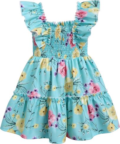 Toddler Girls Summer Dress, Floral Ruffle Sleeve Casual Flowy Sundress for Little Girls, Beach Vacation Party Outfit, 3-7Y in Kuwait