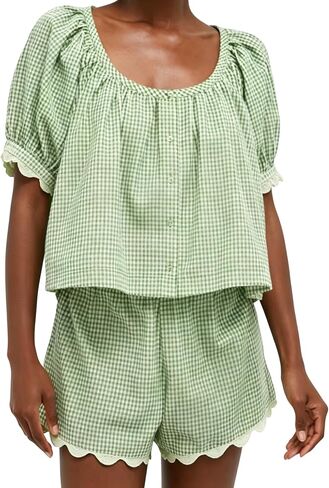 VAOYIU Two Piece Sets for Women Casual Summer Gingham Outfit Puff Sleeve Crew Neck Top Matching Shorts Set with Scalloped Hem in Saudi Arabia