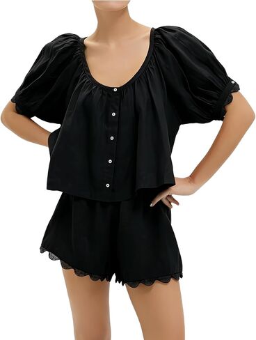 VAOYIU Two Piece Sets for Women Casual Summer Gingham Outfit Puff Sleeve Crew Neck Top Matching Shorts Set with Scalloped Hem in Saudi Arabia