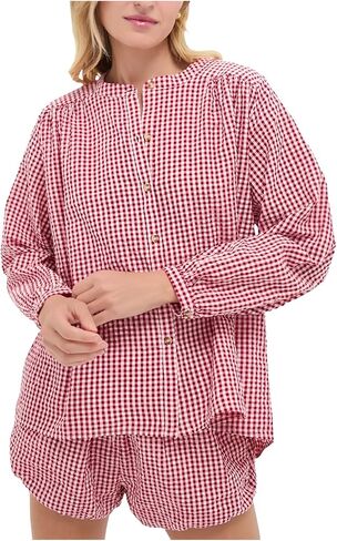 VAOYIU Two Piece Sets for Women Casual Summer Gingham Outfit Puff Sleeve Crew Neck Top Matching Shorts Set with Scalloped Hem in Saudi Arabia