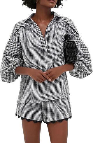 VAOYIU Two Piece Sets for Women Casual Summer Gingham Outfit Puff Sleeve Crew Neck Top Matching Shorts Set with Scalloped Hem in Saudi Arabia