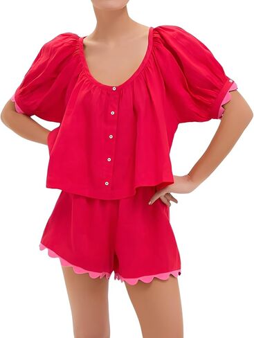 VAOYIU Two Piece Sets for Women Casual Summer Gingham Outfit Puff Sleeve Crew Neck Top Matching Shorts Set with Scalloped Hem in Saudi Arabia