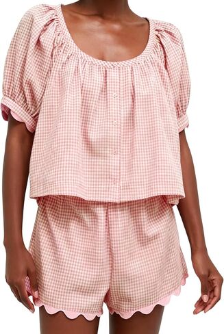 VAOYIU Two Piece Sets for Women Casual Summer Gingham Outfit Puff Sleeve Crew Neck Top Matching Shorts Set with Scalloped Hem in Saudi Arabia