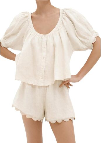 VAOYIU Two Piece Sets for Women Casual Summer Gingham Outfit Puff Sleeve Crew Neck Top Matching Shorts Set with Scalloped Hem in Saudi Arabia