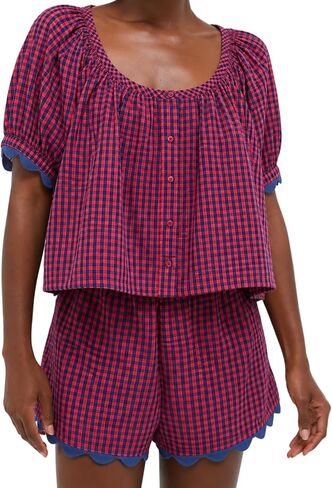 VAOYIU Two Piece Sets for Women Casual Summer Gingham Outfit Puff Sleeve Crew Neck Top Matching Shorts Set with Scalloped Hem in Saudi Arabia